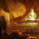 A warrior in armor and shield looks toward a glowing figure in the bowels of hell in official artwork for Diablo IV.